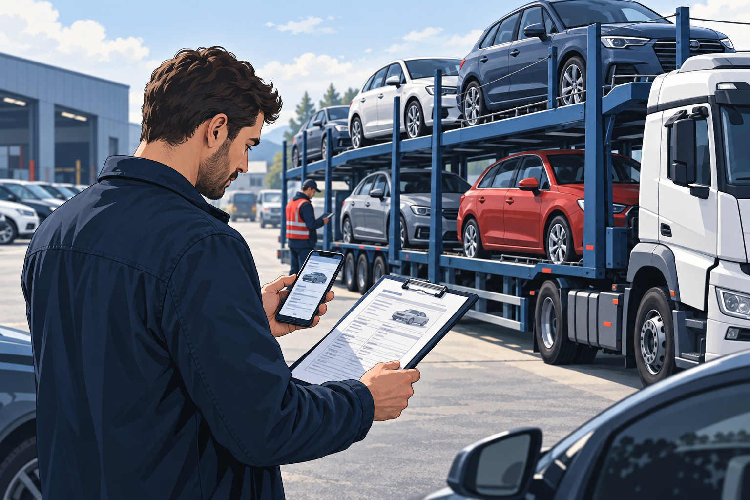 Купувач проверява транспортни документи до автовоз с автомобили.